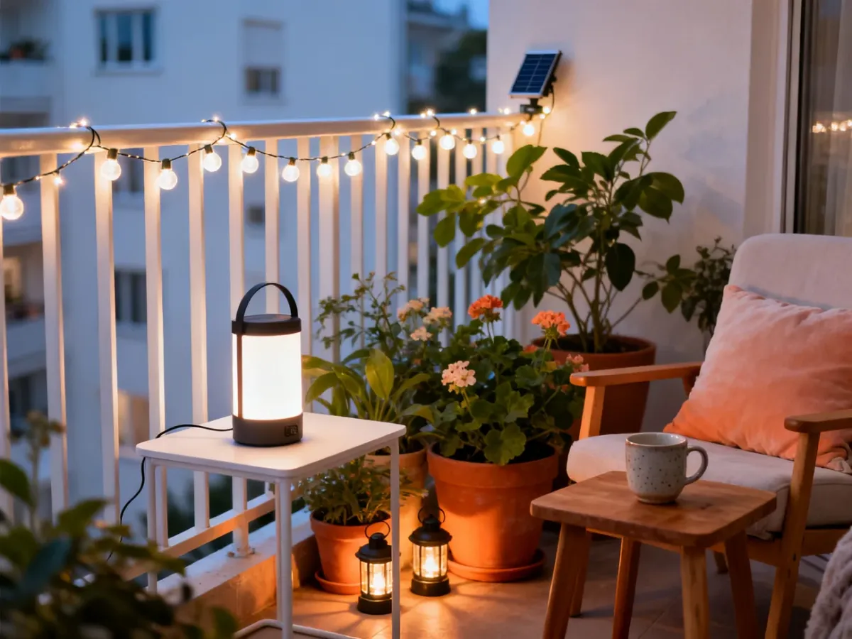 Przytulny balkon oświetlony lampami solarnymi, akumulatorowymi i lampionami na baterie