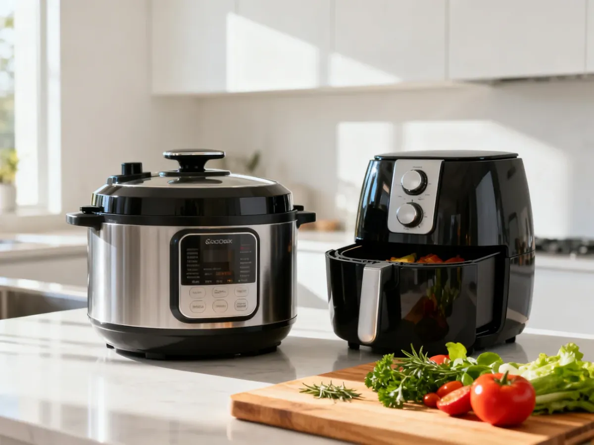 Nowoczesny multicooker i frytkownica beztłuszczowa na kuchennym blacie obok świeżych warzyw.