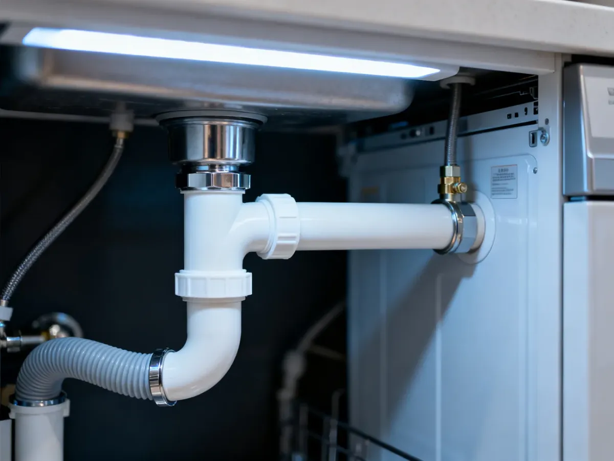 Instalacja hydrauliczna pod zlewem kuchennym z widocznym podłączeniem węża odpływowego zmywarki do syfonu.