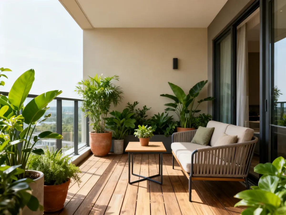Balkon hotelowy z roślinami, stolikiem i wygodnymi meblami