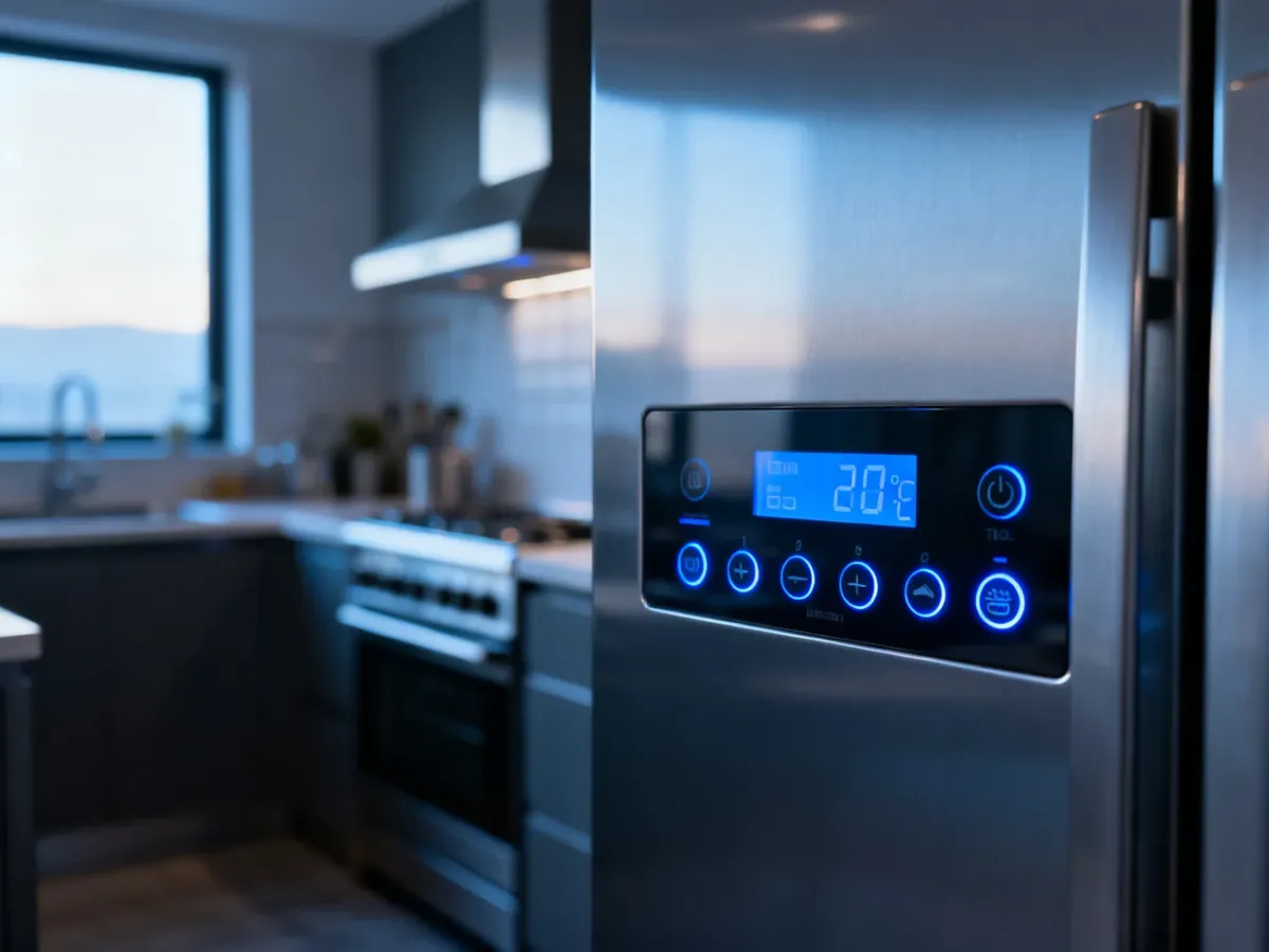 Cyfrowy panel sterowania nowoczesnej lodówki Gorenje z podświetlanymi ustawieniami temperatury.