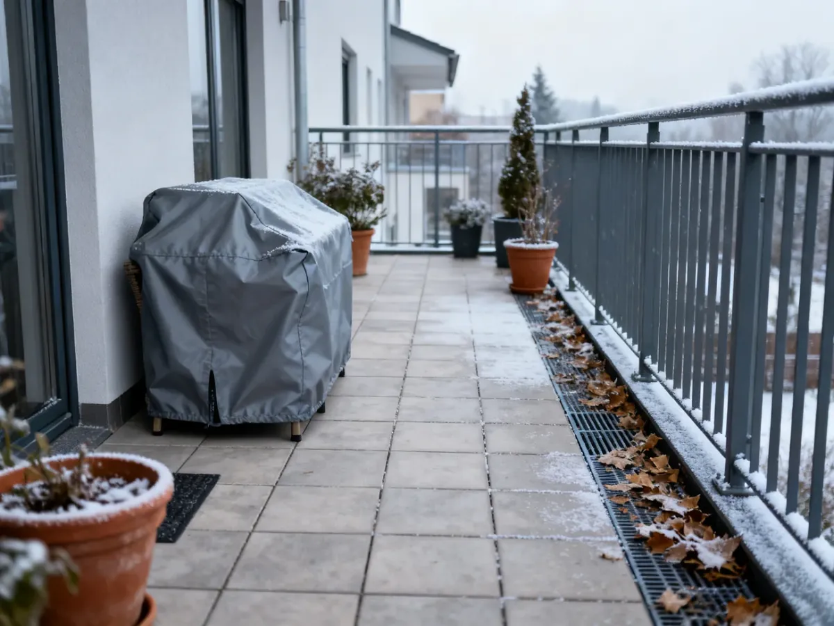 Balkon przygotowany do zimy z osłoniętymi meblami i oczyszczoną posadzką