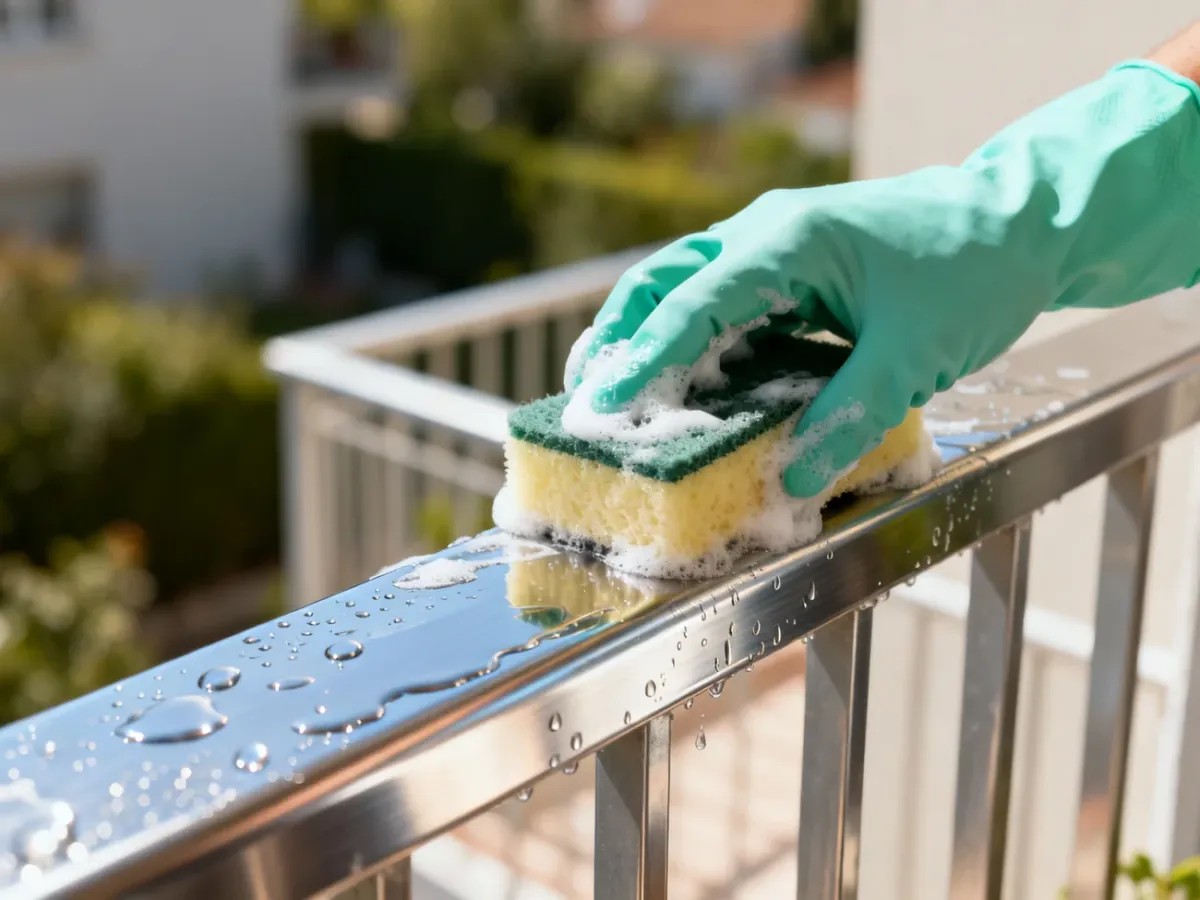 Dłoń w rękawicy czyści metalową balustradę balkonową za pomocą gąbki, ukazując kontrast między brudem a lśniącą powierzchnią.