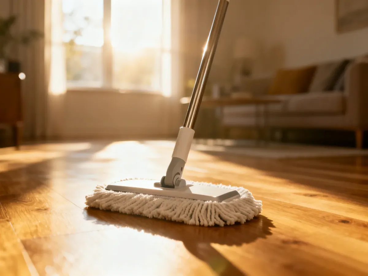 Nowoczesny mop Vileda z mikrofibrą ustawiony w jasnym, minimalistycznym salonie w świetle poranka.