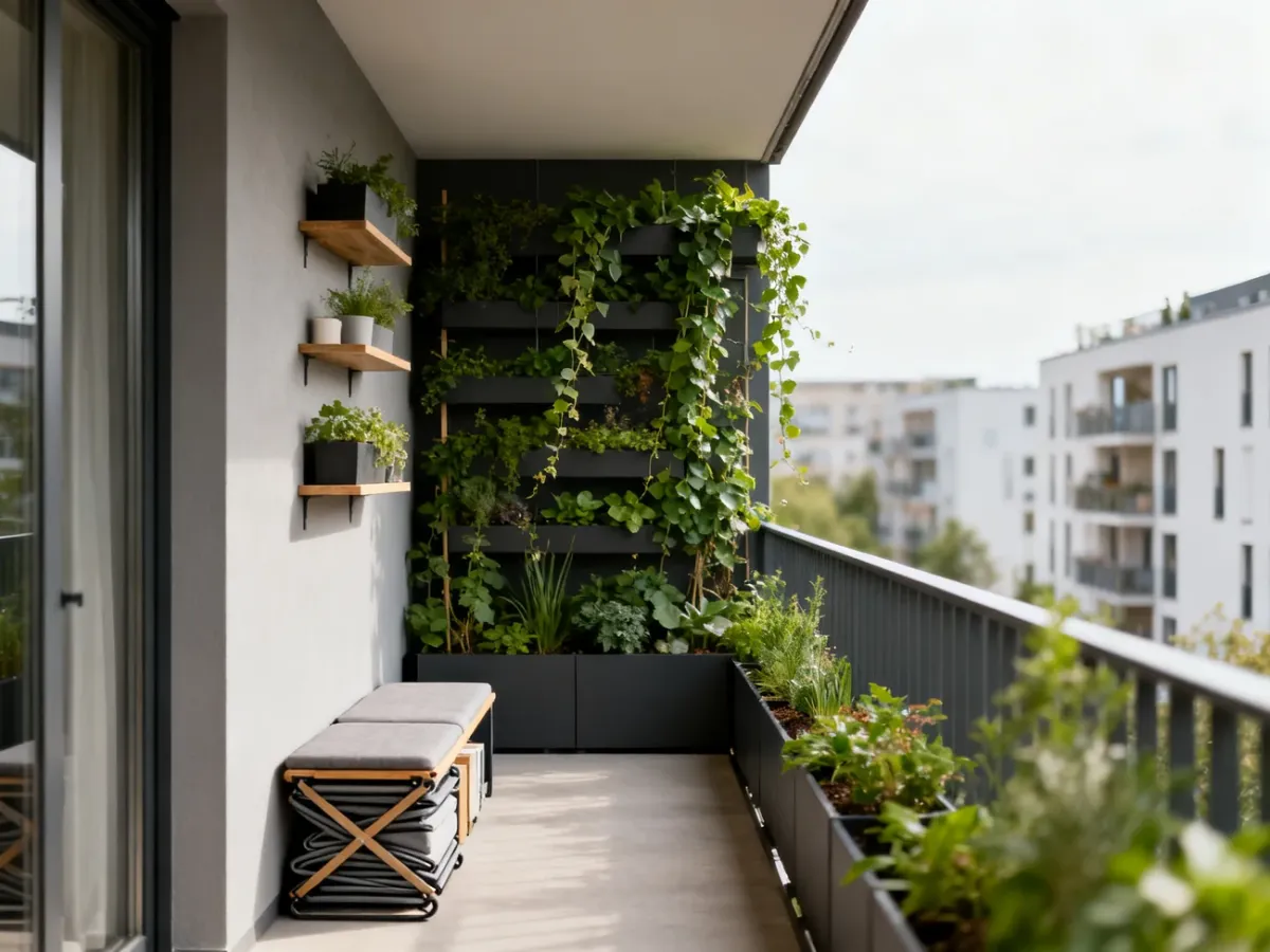 Wąski miejski balkon z meblami składanymi i ogrodem wertykalnym