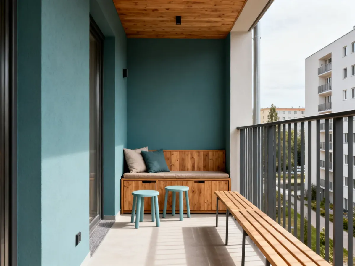 Balkon z ławką ze schowkiem, pufami i lekkimi siedziskami