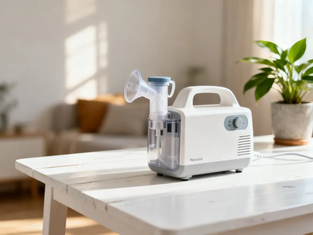 Nowoczesny inhalator medyczny ustawiony na jasnym, drewnianym stole w przytulnym, domowym wnętrzu.