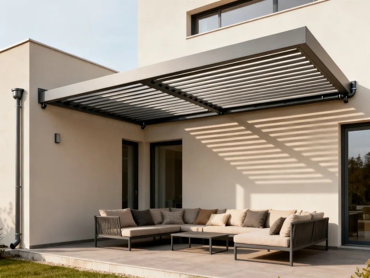 Nowoczesna pergola aluminiowa z ruchomymi lamelami nad tarasem