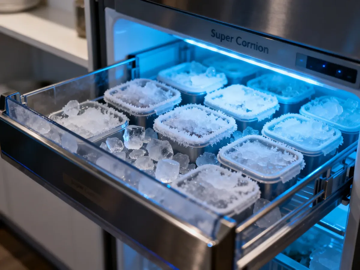 Wnętrze nowoczesnej lodówki z szufladą funkcji Super Freeze wypełnioną zmrożoną żywnością w niebieskim świetle LED.