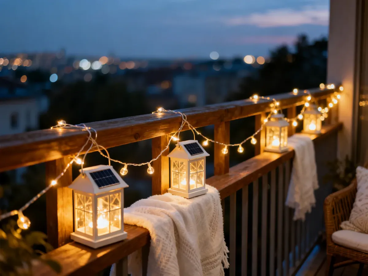 Przytulny balkon wieczorem oświetlony ciepłymi lampkami solarnymi i girlandami, tworzącymi nastrojowy klimat.