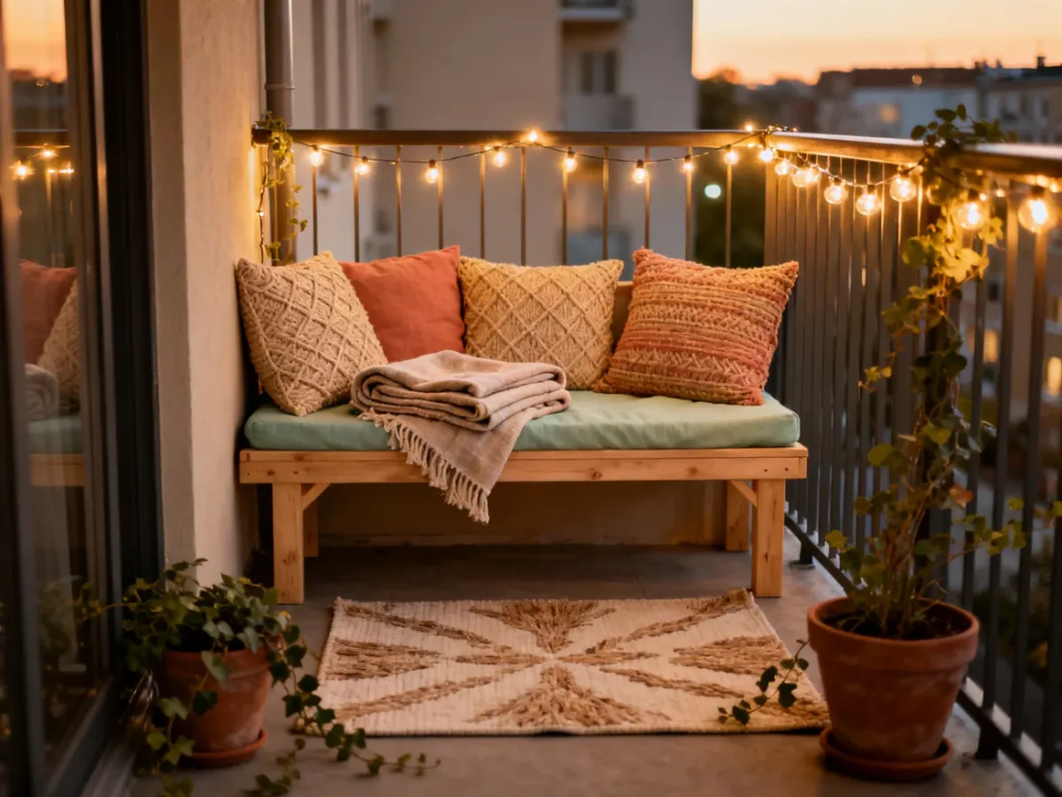 Przytulny balkon z girlandą świetlną, tekstyliami i roślinami