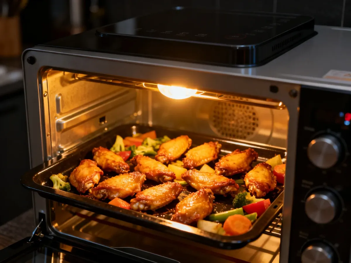 Wnętrze nowoczesnego piekarnika z funkcją air fryer, w którym pieką się chrupiące skrzydełka kurczaka i warzywa.