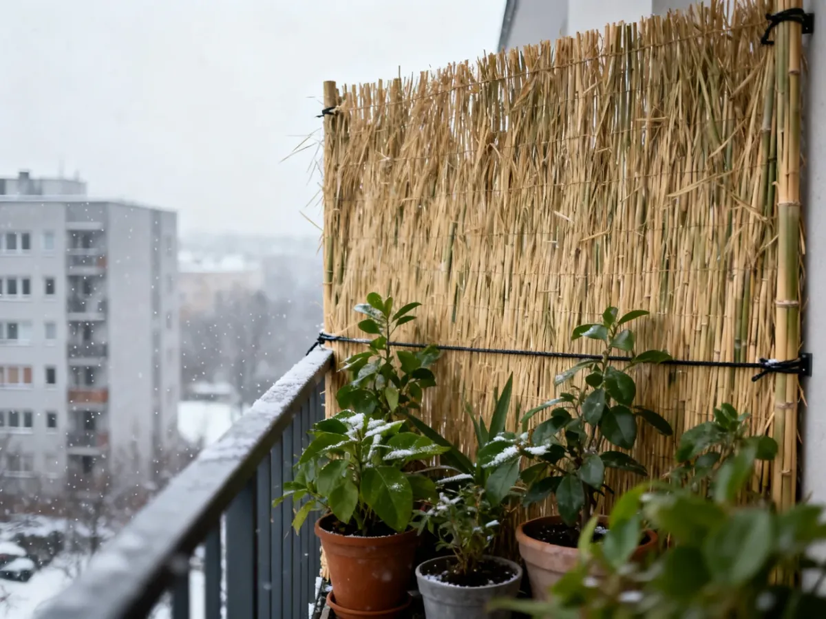 Bambusowa mata osłaniająca balkon przed zimnym wiatrem