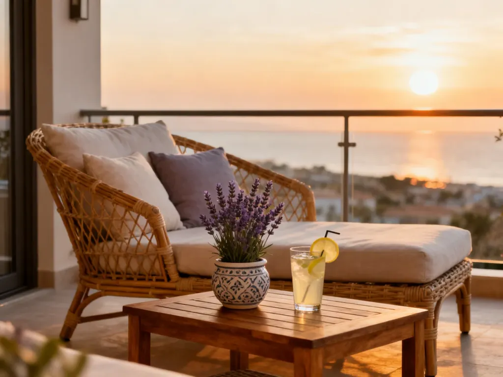 Luksusowy balkon hotelowy z rattanowym fotelem, lawendą i lemoniadą na tle malowniczego zachodu słońca nad wybrzeżem.