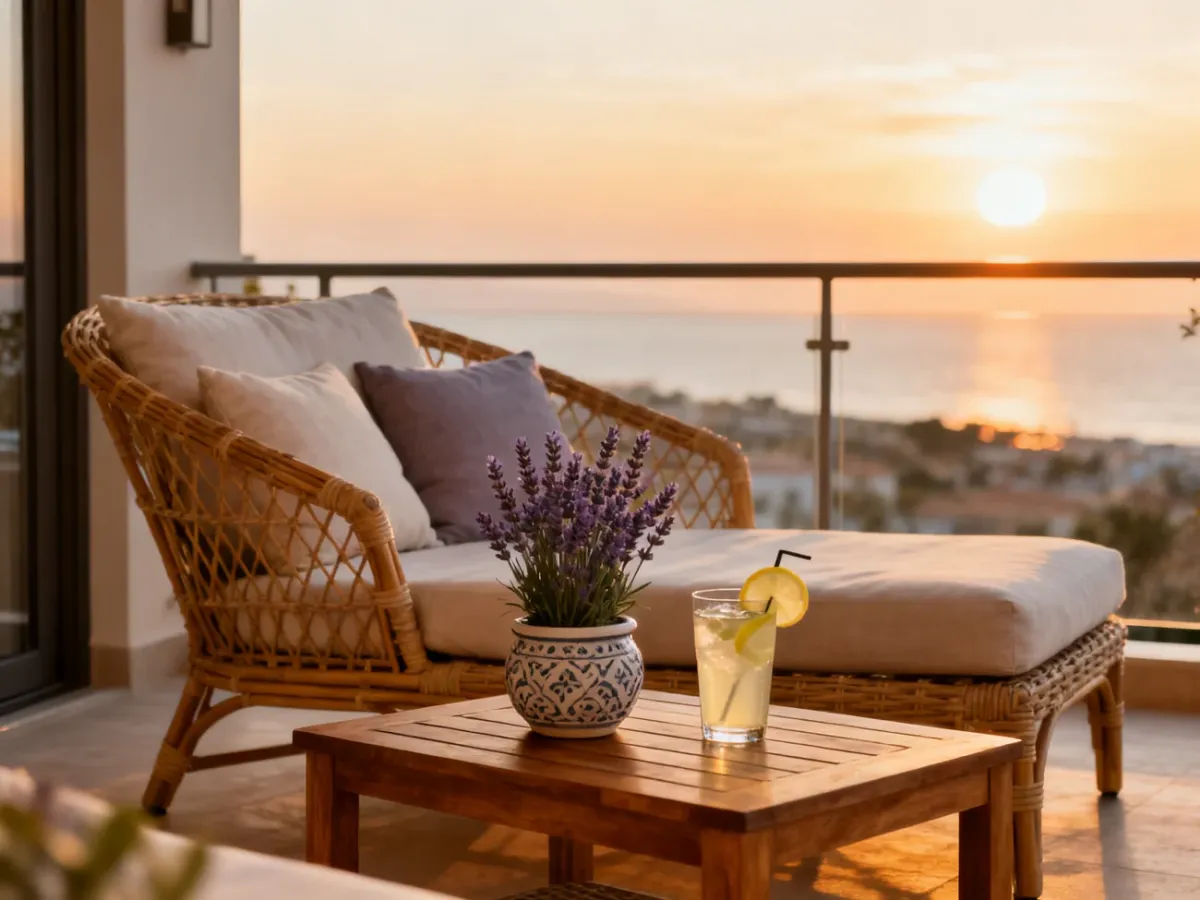 Luksusowy balkon hotelowy z rattanowym fotelem, lawendą i lemoniadą na tle malowniczego zachodu słońca nad wybrzeżem.