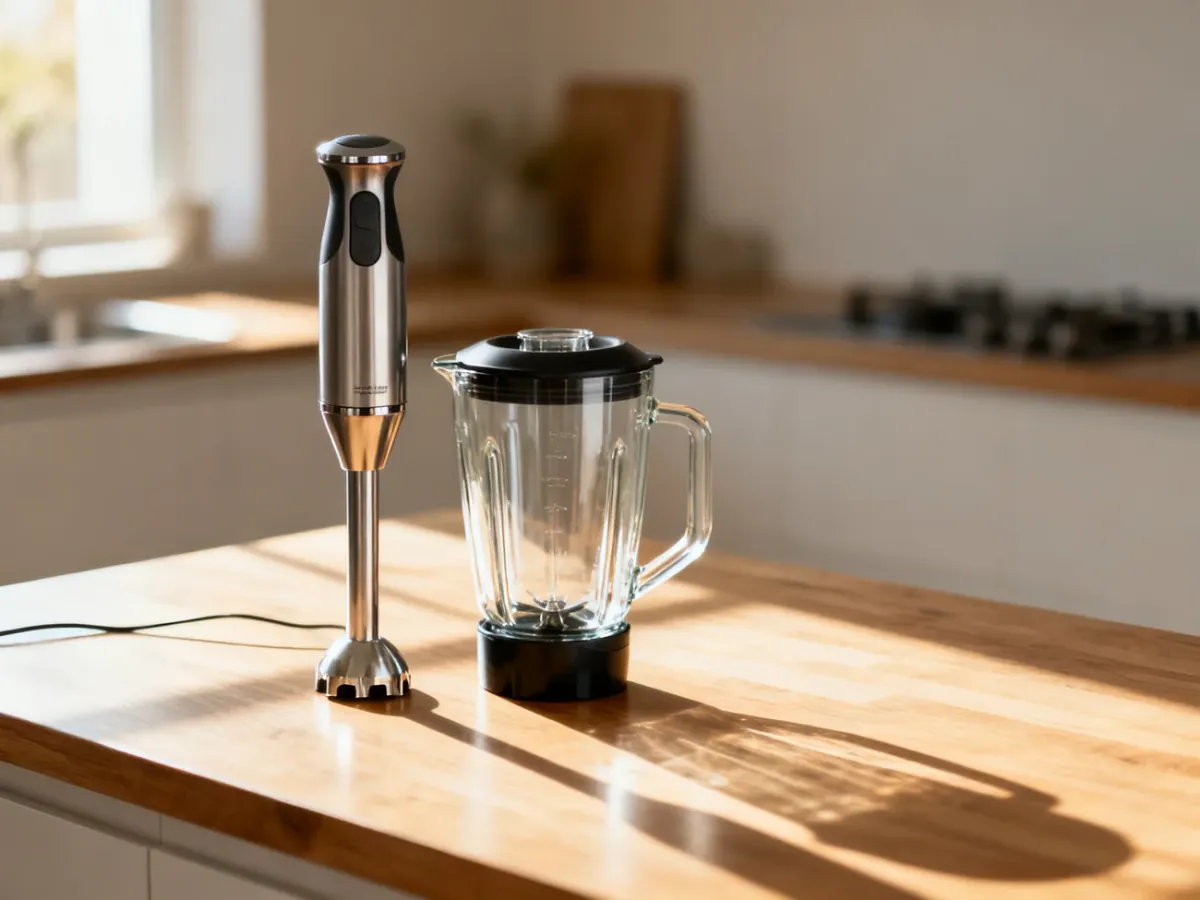 Nowoczesny blender ręczny i kielichowy ustawione na drewnianym blacie w jasnej, minimalistycznej kuchni.