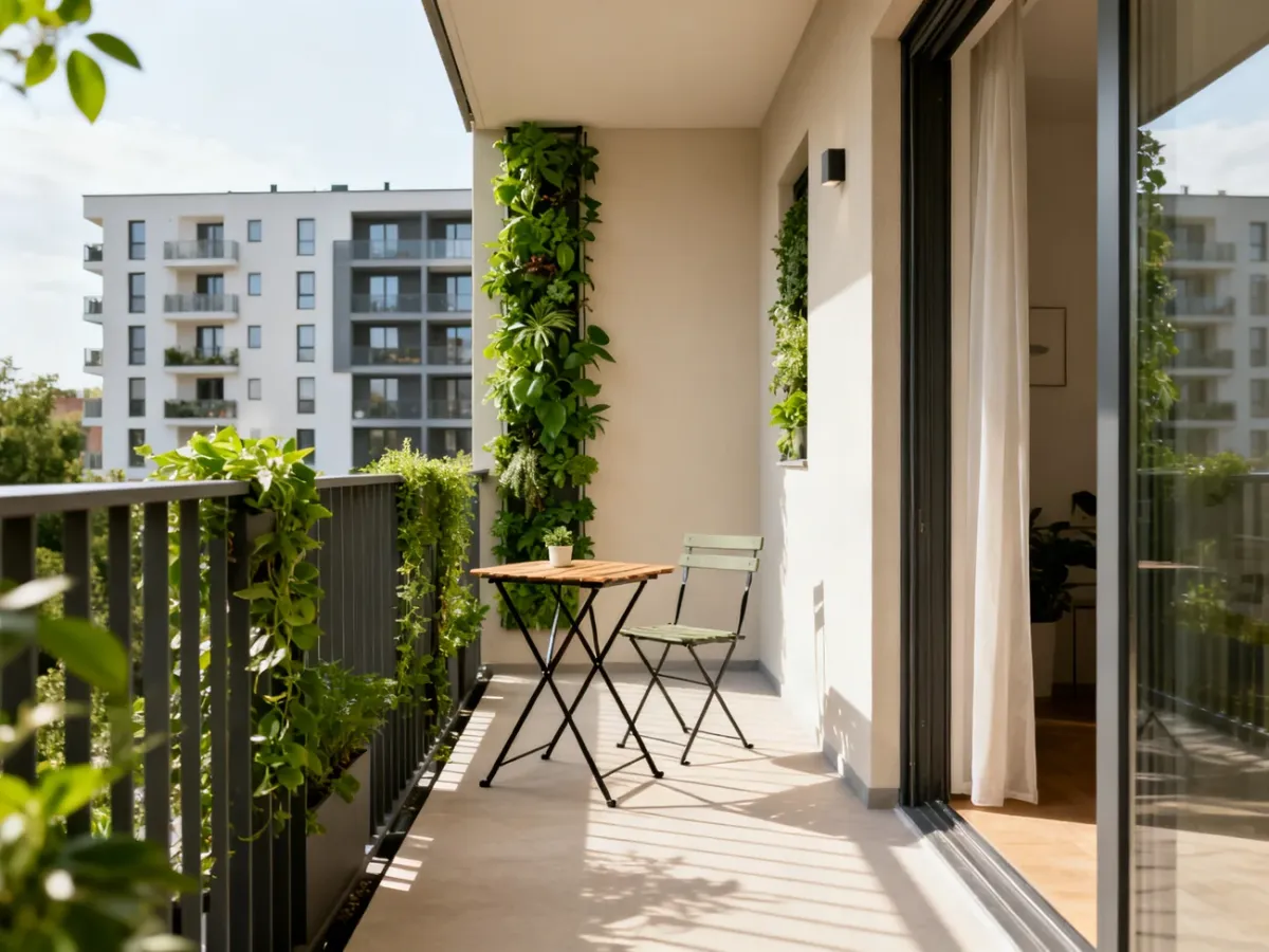 Mały balkon z funkcjonalnym układem, składanym stolikiem i wolnym przejściem