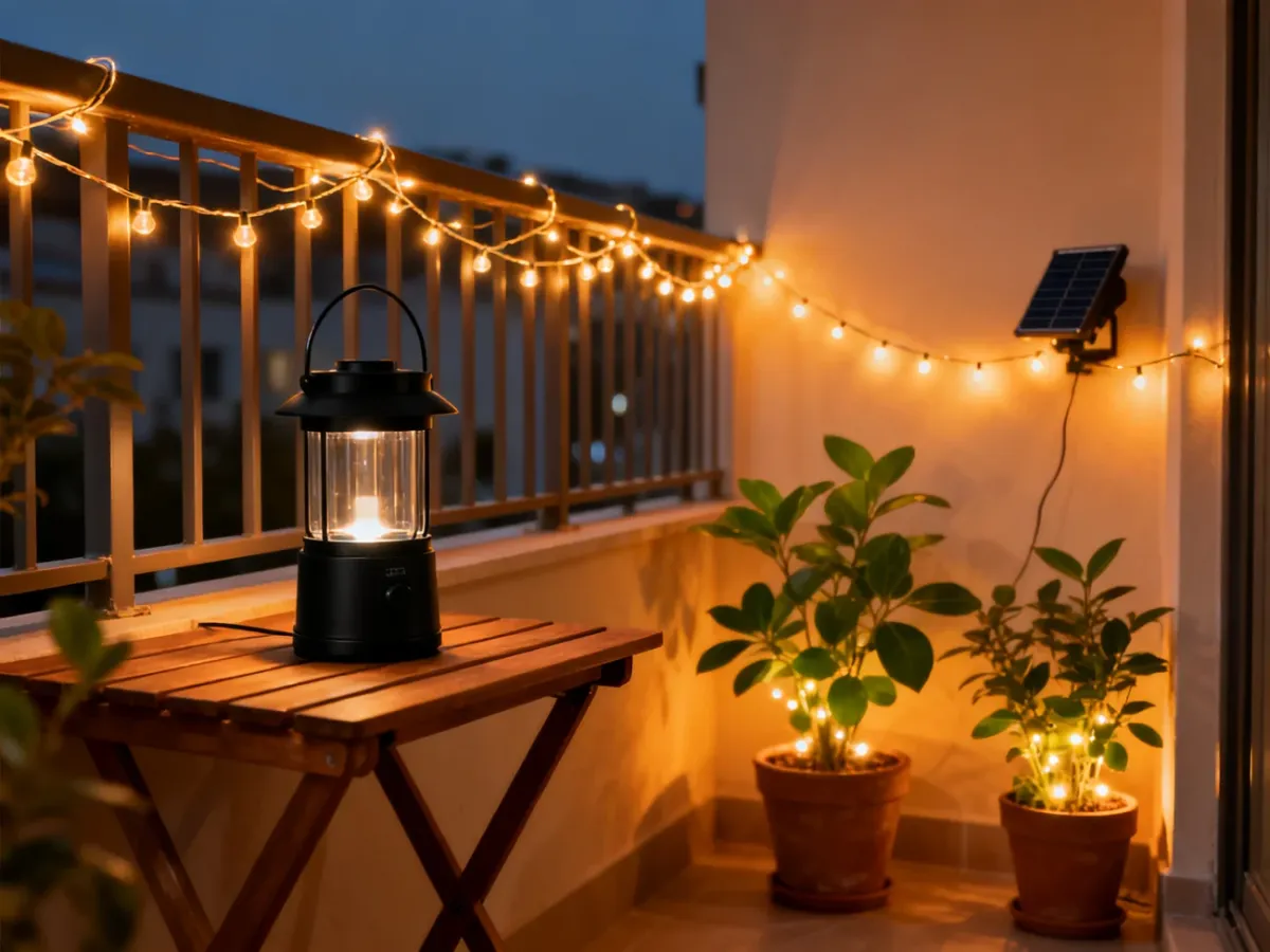 Nowoczesny balkon z lampą akumulatorową, girlandą solarną i oświetlonymi roślinami