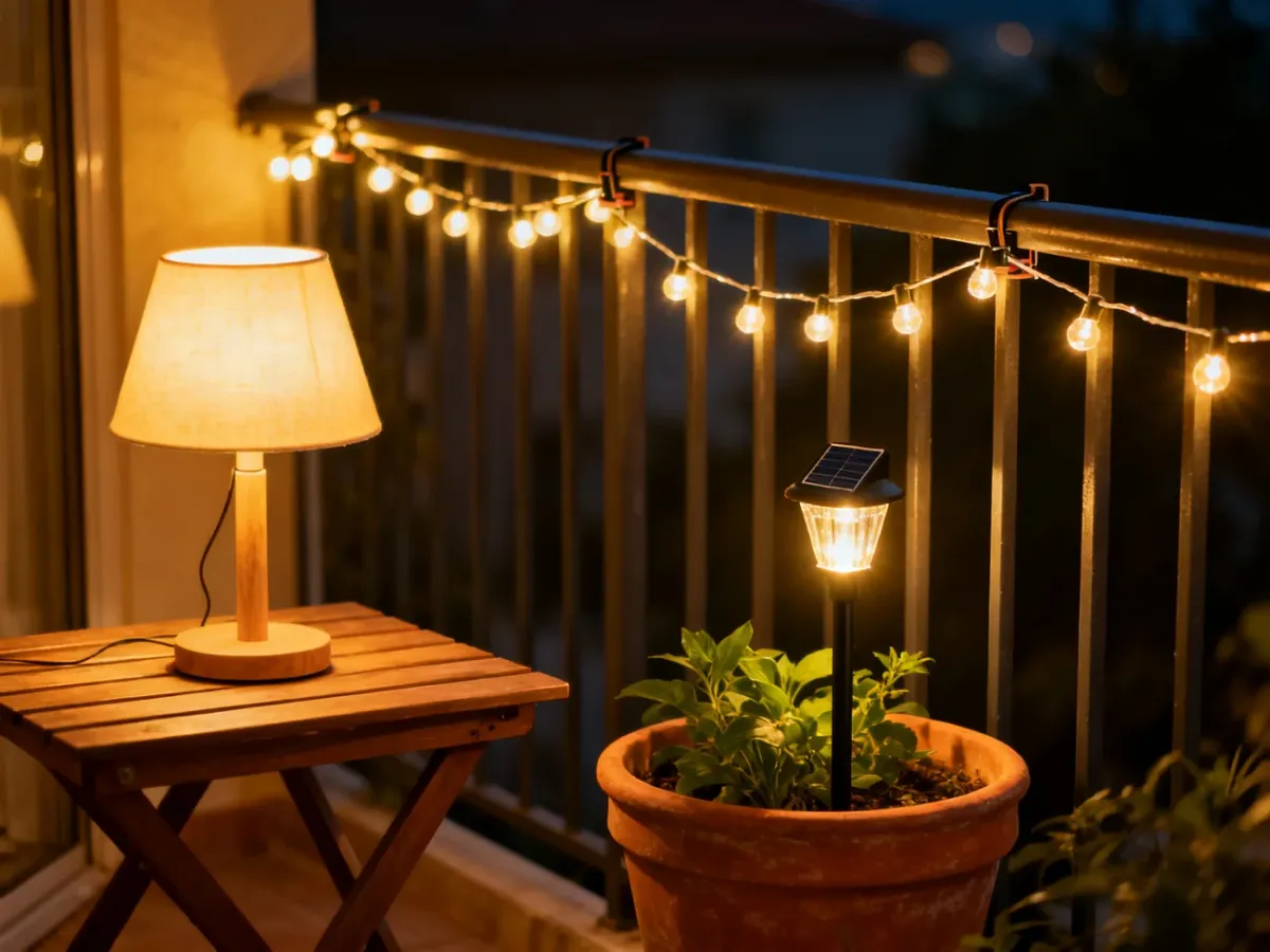 Praktyczne rozmieszczenie różnych lamp na małym balkonie
