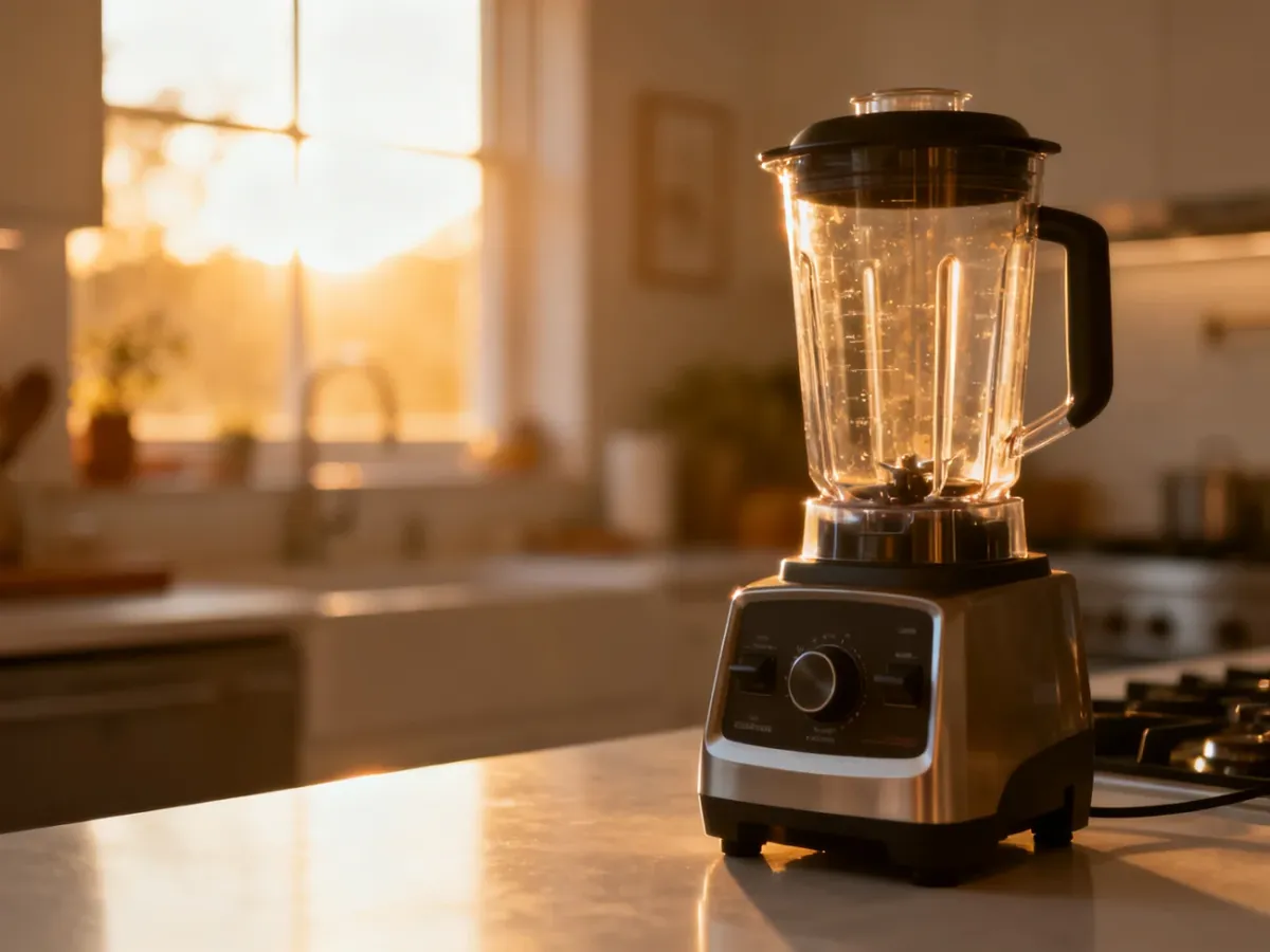 Nowoczesny blender kielichowy na minimalistycznym blacie kuchennym w promieniach zachodzącego słońca.