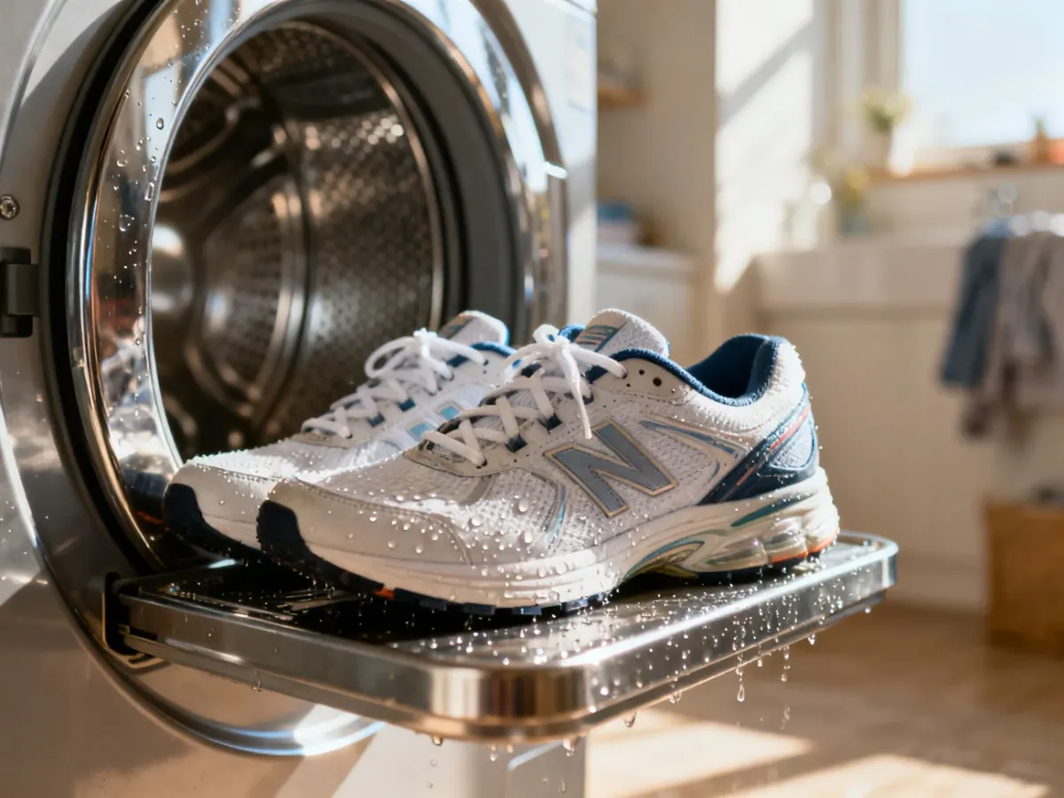 Czyste, wilgotne buty sportowe na bębnie pralki, symbolizujące skuteczność prania obuwia w domowych warunkach.