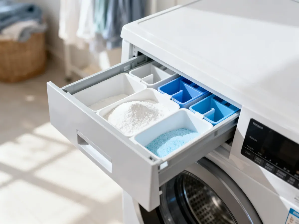 Wysunięta szuflada na detergenty w pralce Beko z trzema wyraźnymi przegródkami na proszek i płyn do płukania.