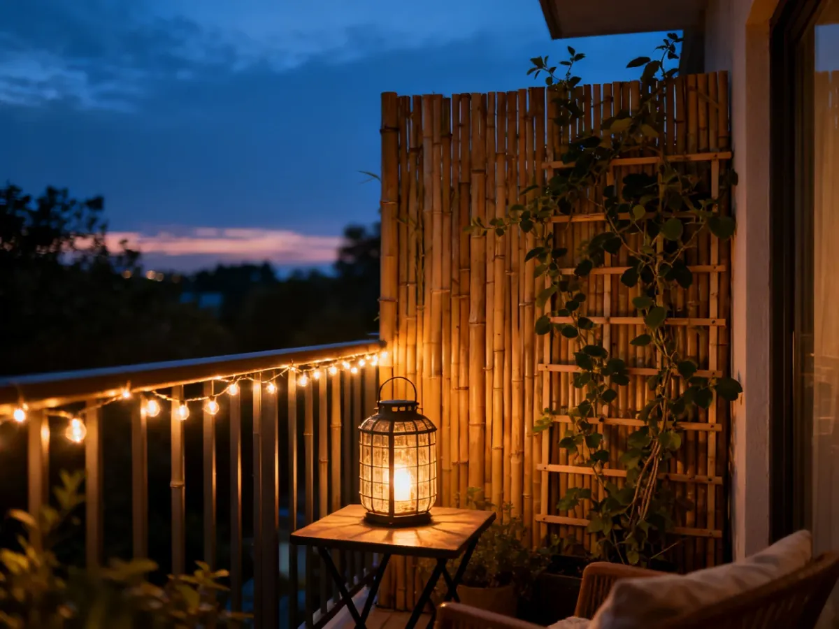 Balkon wieczorem z girlandą świateł i osłoną zapewniającą prywatność