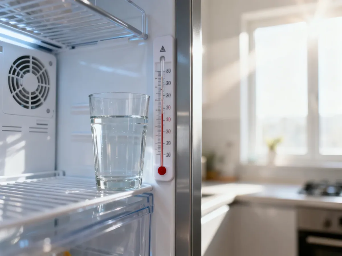 Termometr wewnątrz lodówki z szklanką wody, służący do precyzyjnego pomiaru temperatury w urządzeniu.