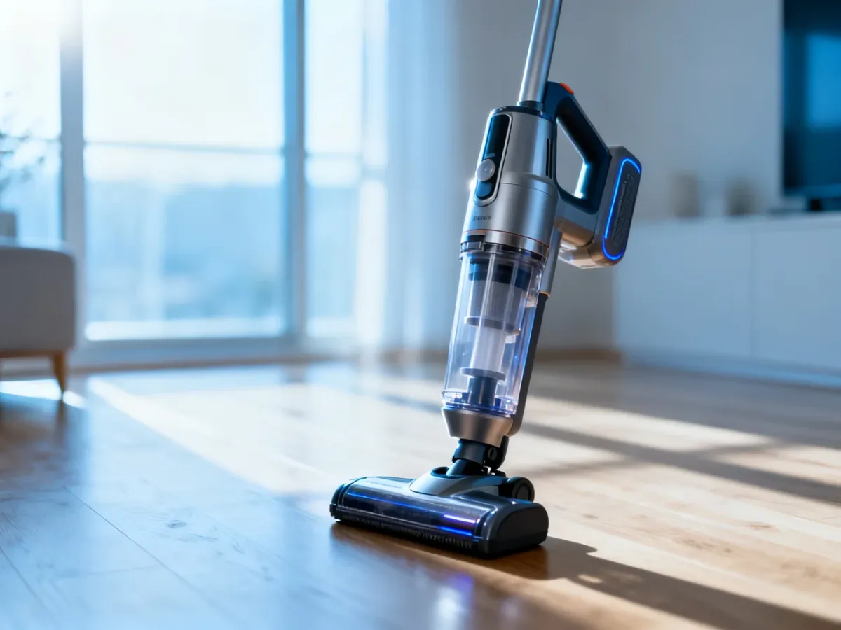 Nowoczesny bezprzewodowy odkurzacz Dyson stojący w jasnym, minimalistycznym salonie.