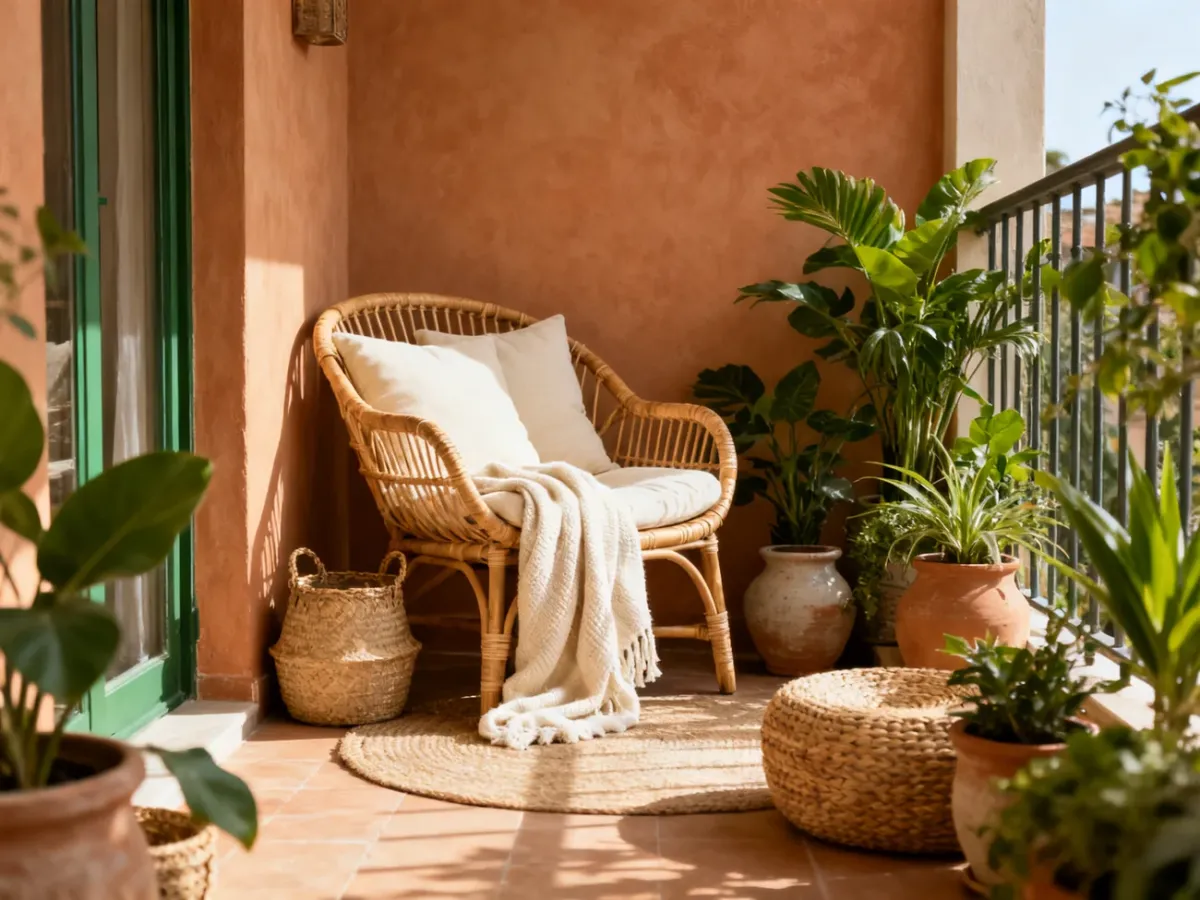 Przytulny balkon boho z rattanowym fotelem i roślinami