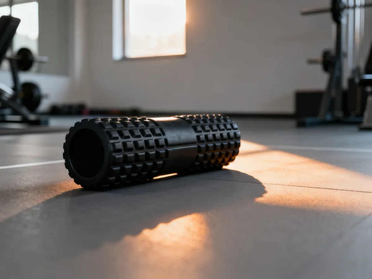 Czarny roller do masażu mięśni leżący na podłodze w nowoczesnym studiu fitness o poranku.