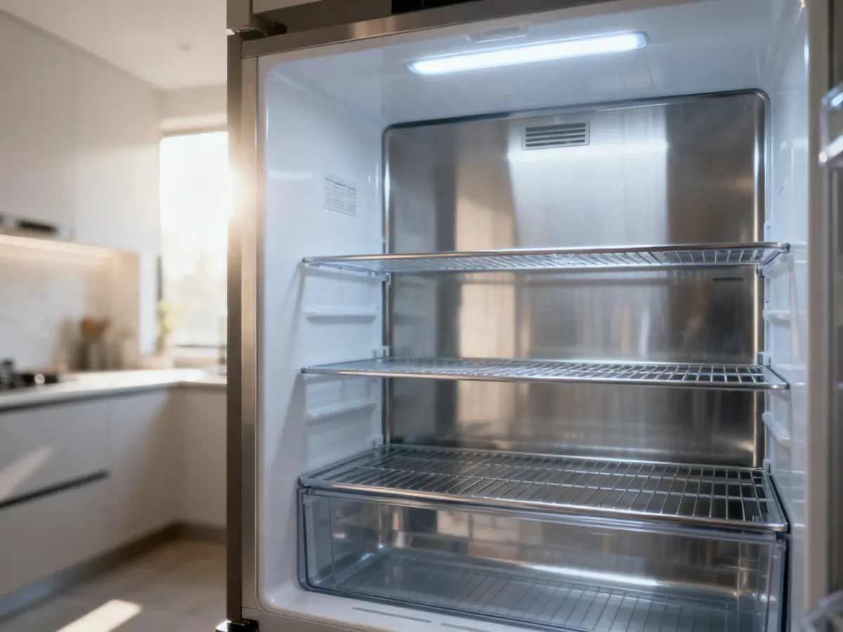 Wnętrze nowoczesnej lodówki typu no frost z czystymi półkami i jasnym oświetleniem LED.