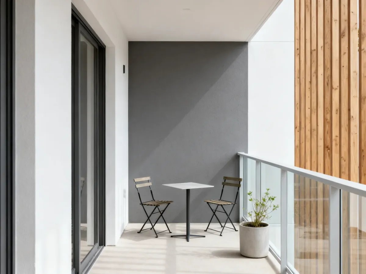 Nowoczesny balkon z prostymi meblami i rośliną