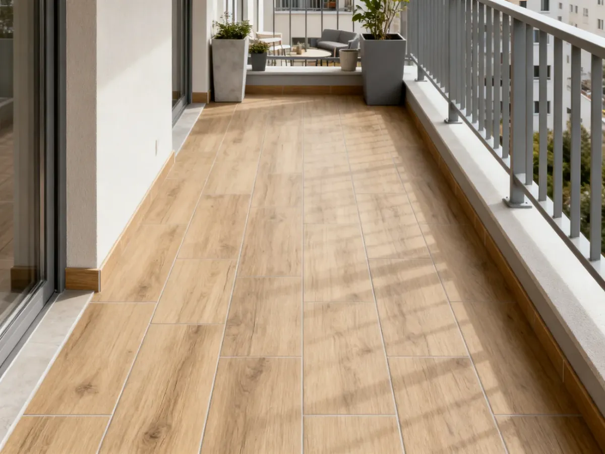 Mały balkon wykończony drewnopodobnymi płytkami gresowymi