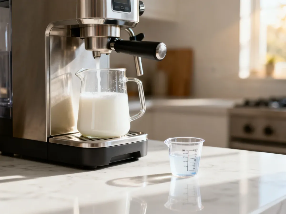Wlewanie płynu czyszczącego do karafki na mleko w automatycznym ekspresie do kawy DeLonghi.