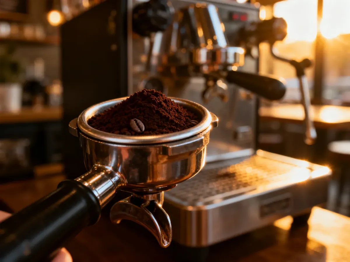 Świeżo zmielona kawa w kolbie ekspresu, przygotowana do parzenia idealnego espresso w przytulnej kawiarni.