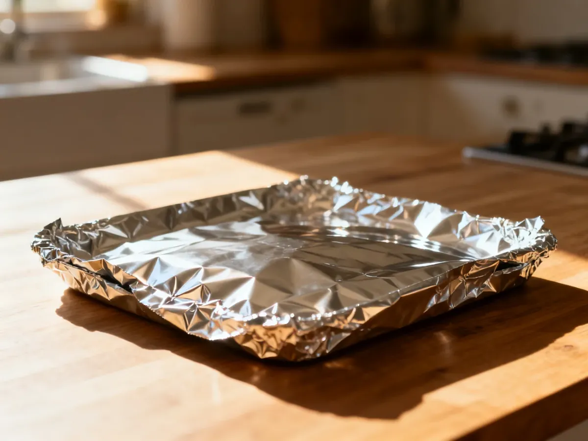 Arkusz pogniecionej folii aluminiowej na drewnianym blacie kuchennym w promieniach porannego słońca.