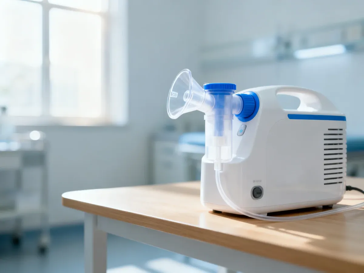Nowoczesny inhalator tłokowy w biało-niebieskim kolorze ustawiony na drewnianym stole w jasnym, profesjonalnym wnętrzu.